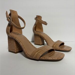 Vince Camuto Tan Croc-Embossed Block Heel Sandals